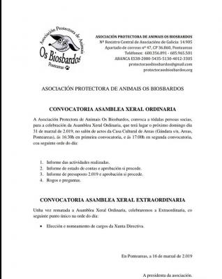CONVOCATORIA ASAMBLEA XERAL ORDINARIA E EXTRAORDINARIA (OS BIOSBARDOS)